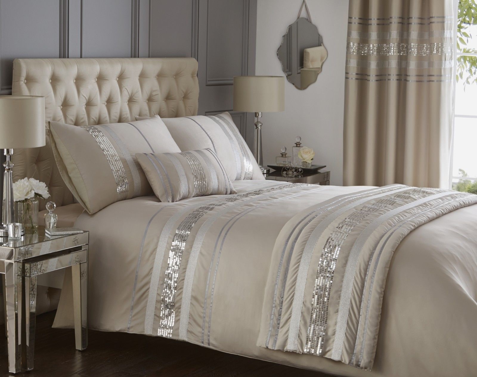 Luxury Sequin Glitter Stripe Duvet Quilt Cover Bedding Set Or Curtains